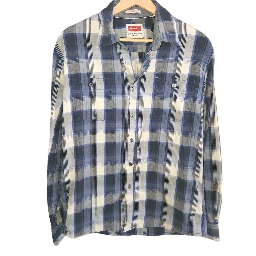 Wrangler Flex For Comfort Shirt Men's Sz M Blue Long Sleeve Plaid Cowboy Western